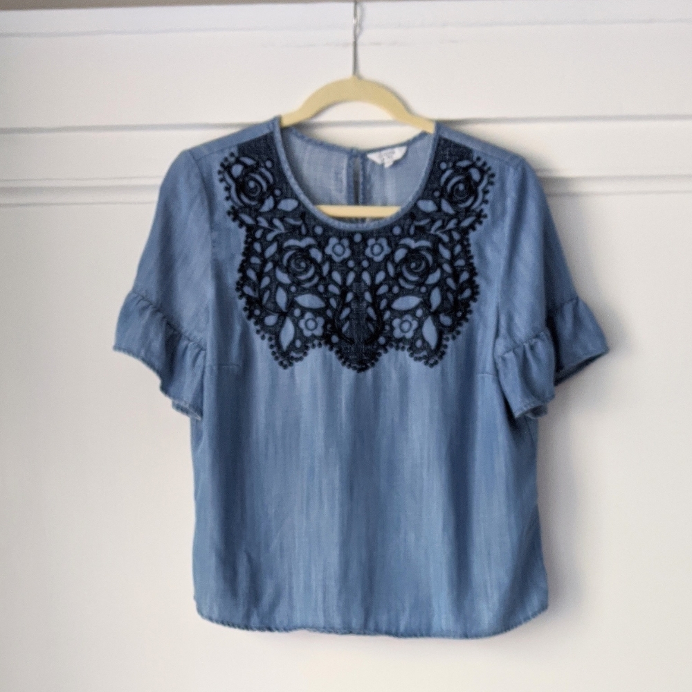 Crown and Ivy Chambray Lace Embroidered Top